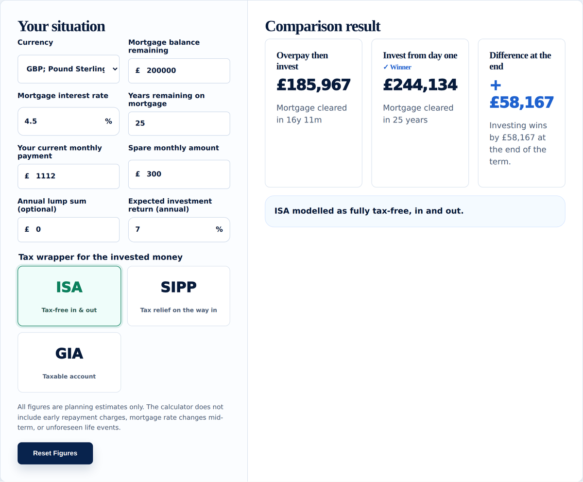 Mortgage vs Invest Calculator screenshot on Your Wealth Calculator